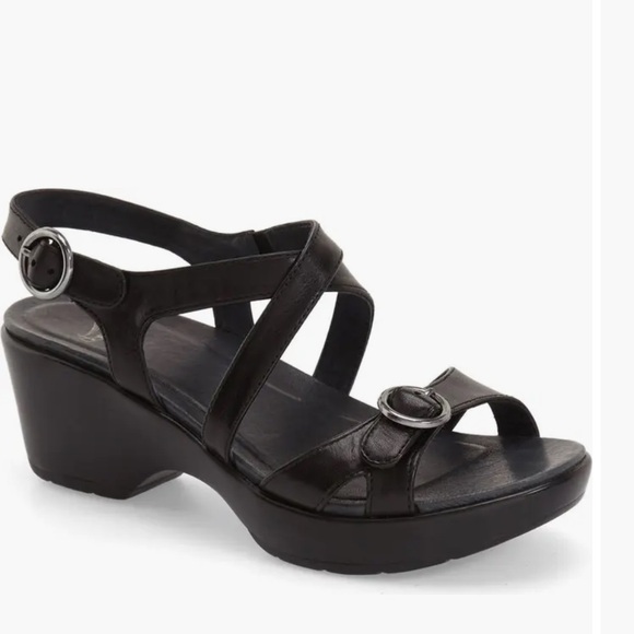 Dansko Brand Women's Julie Black Full Grain Wedge Sandal Size 40 Leather - Picture 6 of 7